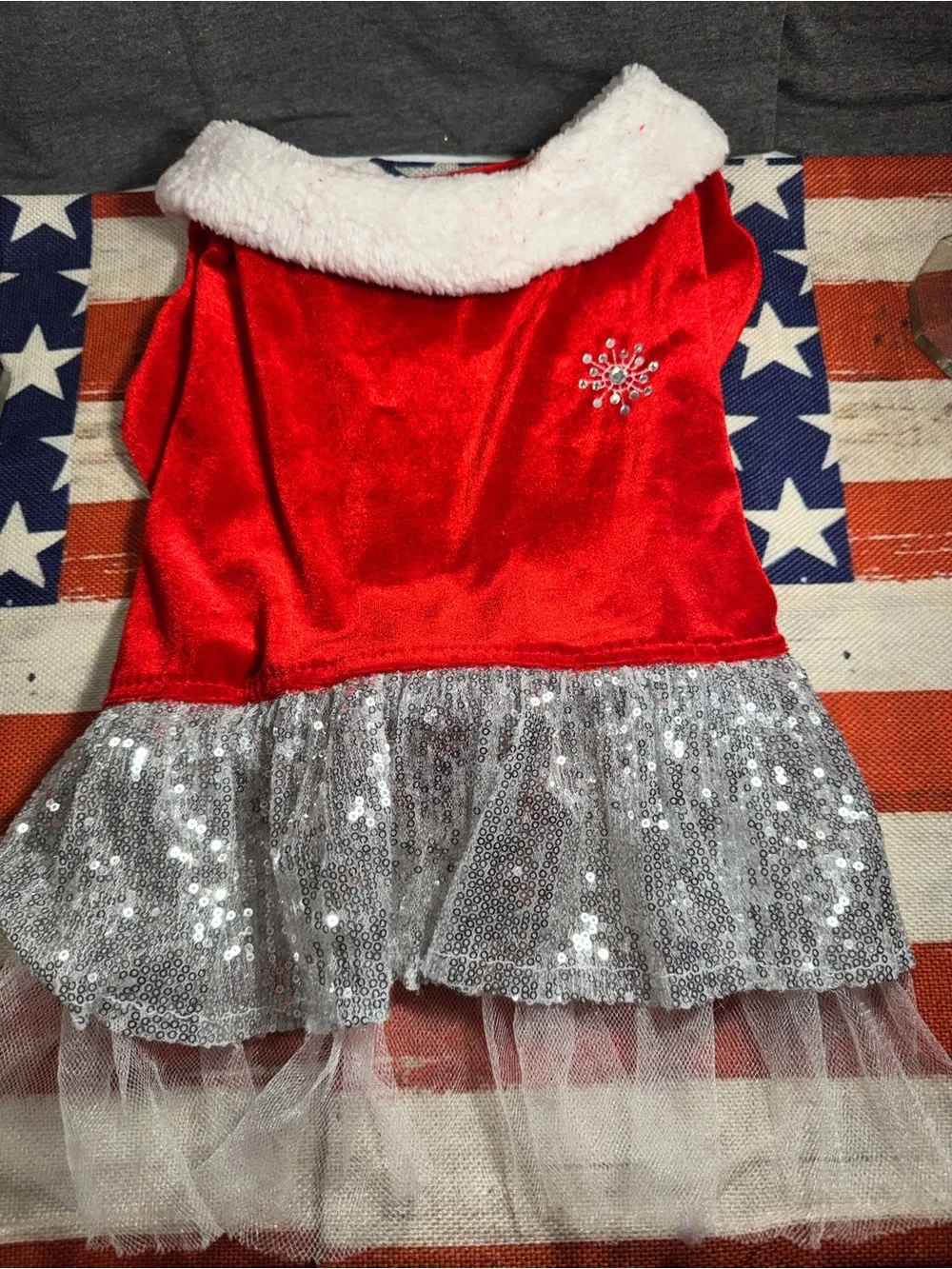 Festive Red Velvet Dog Dress with Silver Sequin Skirt
